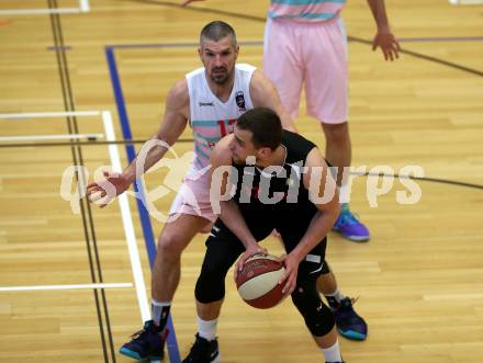 Basketball 2. Bundesliga. Grunddurchgang 15. Runde. Raiders Villach gegen Mistelbach Mustangs.  Ales Primc (Villach),  Michal Jedovnicky (Mistelbach Mustangs). Klagenfurt, am 3.3.2019.
Foto: Kuess
---
pressefotos, pressefotografie, kuess, qs, qspictures, sport, bild, bilder, bilddatenbank