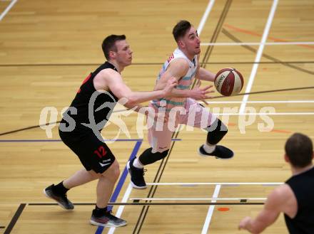 Basketball 2. Bundesliga. Grunddurchgang 15. Runde. Raiders Villach gegen Mistelbach Mustangs. Jan Grsic  (Villach),  Stefan Obermann (Mistelbach Mustangs). Klagenfurt, am 3.3.2019.
Foto: Kuess
---
pressefotos, pressefotografie, kuess, qs, qspictures, sport, bild, bilder, bilddatenbank