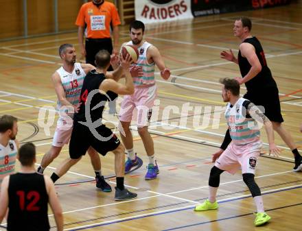 Basketball 2. Bundesliga. Grunddurchgang 15. Runde. Raiders Villach gegen Mistelbach Mustangs. Ales Primc, Antonio Boban, Nino Gross  (Villach), Vladimir Sismilich, Ivo Prachar  (Mistelbach Mustangs). Klagenfurt, am 3.3.2019.
Foto: Kuess
---
pressefotos, pressefotografie, kuess, qs, qspictures, sport, bild, bilder, bilddatenbank