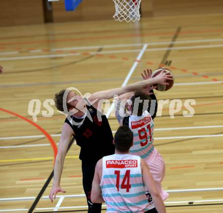 Basketball 2. Bundesliga. Grunddurchgang 15. Runde. Raiders Villach gegen Mistelbach Mustangs.  Nino Gross (Villach),  Thomas Morwitzer (Mistelbach Mustangs). Klagenfurt, am 3.3.2019.
Foto: Kuess
---
pressefotos, pressefotografie, kuess, qs, qspictures, sport, bild, bilder, bilddatenbank