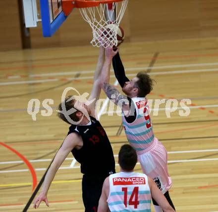 Basketball 2. Bundesliga. Grunddurchgang 15. Runde. Raiders Villach gegen Mistelbach Mustangs.  Nino Gross (Villach),  Thomas Morwitzer (Mistelbach Mustangs). Klagenfurt, am 3.3.2019.
Foto: Kuess
---
pressefotos, pressefotografie, kuess, qs, qspictures, sport, bild, bilder, bilddatenbank