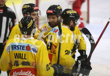 EBEL. Eishockey Bundesliga. KAC gegen	spusu Vienna Capitals.  Torjubel Andreas Noedl, Alex Wall, Benjamin Nissner, Peter Schneider  (Vienna Capitals). Klagenfurt, am 5.3.2019.
Foto: Kuess

---
pressefotos, pressefotografie, kuess, qs, qspictures, sport, bild, bilder, bilddatenbank