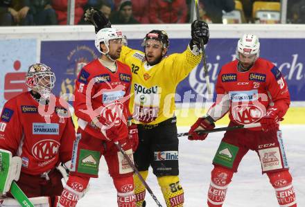 EBEL. Eishockey Bundesliga. KAC gegen	spusu Vienna Capitals. Lars Haugem, Charles Robin Gartner, Martin Schumnig,  (KAC),  Torjubel Christopher Desousa (Vienna Capitals). Klagenfurt, am 5.3.2019.
Foto: Kuess

---
pressefotos, pressefotografie, kuess, qs, qspictures, sport, bild, bilder, bilddatenbank
