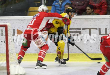EBEL. Eishockey Bundesliga. KAC gegen	spusu Vienna Capitals. Andrew Jacob Kozek, (KAC), Alex Wall  (Vienna Capitals). Klagenfurt, am 5.3.2019.
Foto: Kuess

---
pressefotos, pressefotografie, kuess, qs, qspictures, sport, bild, bilder, bilddatenbank