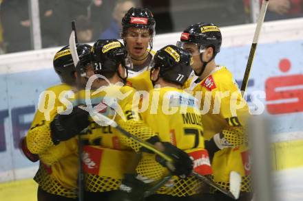 EBEL. Eishockey Bundesliga. KAC gegen	spusu Vienna Capitals. Torjubel Riley Holzapfel, Taylor Vause, Patrick Joseph Mullen, Sondre Olden, Benjamin Nissner  (Vienna Capitals). Klagenfurt, am 5.3.2019.
Foto: Kuess

---
pressefotos, pressefotografie, kuess, qs, qspictures, sport, bild, bilder, bilddatenbank