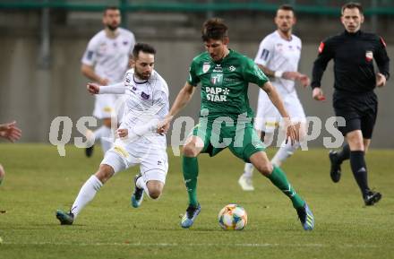 Fussball. 2. Liga. âSK Austria Klagenfurt gegen WSG Swarovski Wattens.  Okan Aydin,  (Klagenfurt), Clemens Walch (Wattens). Klagenfurt, 8.3.2019.
Foto: Kuess
---
pressefotos, pressefotografie, kuess, qs, qspictures, sport, bild, bilder, bilddatenbank