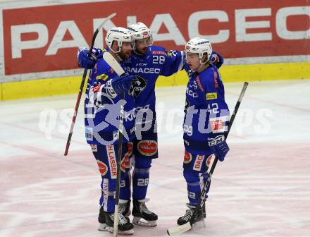 EBEL. Eishockey Bundesliga. EC VSV gegen HC Orli Znojmo.  Torjubel Eriksson Johann Lars Olof, Schlacher Markus, Lanzinger Benjamin (VSV). Villach, am 8.3.2019.
Foto: Kuess 


---
pressefotos, pressefotografie, kuess, qs, qspictures, sport, bild, bilder, bilddatenbank