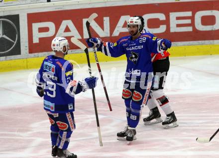 EBEL. Eishockey Bundesliga. EC VSV gegen HC Orli Znojmo.  Torjubel Eriksson Johann Lars Olof, Schlacher Markus,  (VSV). Villach, am 8.3.2019.
Foto: Kuess 


---
pressefotos, pressefotografie, kuess, qs, qspictures, sport, bild, bilder, bilddatenbank