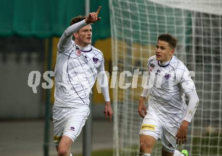 Fussball. 2. Liga. âSK Austria Klagenfurt gegen WSG Swarovski Wattens.  Torjubel Scott Fitzgerald Kennedy, Benedikt Pichler (Klagenfurt). Klagenfurt, 8.3.2019.
Foto: Kuess
---
pressefotos, pressefotografie, kuess, qs, qspictures, sport, bild, bilder, bilddatenbank