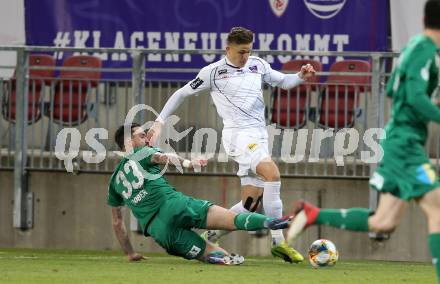 Fussball. 2. Liga. âSK Austria Klagenfurt gegen WSG Swarovski Wattens.  Benedikt Pichler, (Klagenfurt), Andreas Dober  (Wattens). Klagenfurt, 8.3.2019.
Foto: Kuess
---
pressefotos, pressefotografie, kuess, qs, qspictures, sport, bild, bilder, bilddatenbank