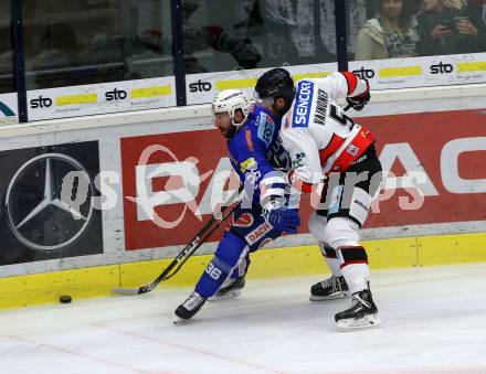 EBEL. Eishockey Bundesliga. EC VSV gegen HC Orli Znojmo. 	Pollastrone Jerry (VSV), Vainonen Mikko (Znojmo). Villach, am 8.3.2019.
Foto: Kuess 


---
pressefotos, pressefotografie, kuess, qs, qspictures, sport, bild, bilder, bilddatenbank