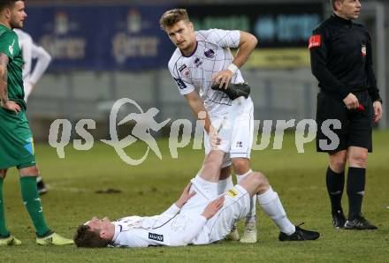 Fussball. 2. Liga. âSK Austria Klagenfurt gegen WSG Swarovski Wattens.  Scott Fitzgerald Kennedy, Marco Hoedl (Klagenfurt). Klagenfurt, 8.3.2019.
Foto: Kuess
---
pressefotos, pressefotografie, kuess, qs, qspictures, sport, bild, bilder, bilddatenbank