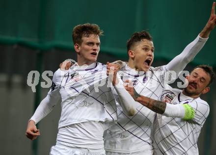 Fussball. 2. Liga. âSK Austria Klagenfurt gegen WSG Swarovski Wattens.  Torjubel Scott Fitzgerald Kennedy, Benedikt Pichler, Philipp Huetter (Klagenfurt). Klagenfurt, 8.3.2019.
Foto: Kuess
---
pressefotos, pressefotografie, kuess, qs, qspictures, sport, bild, bilder, bilddatenbank