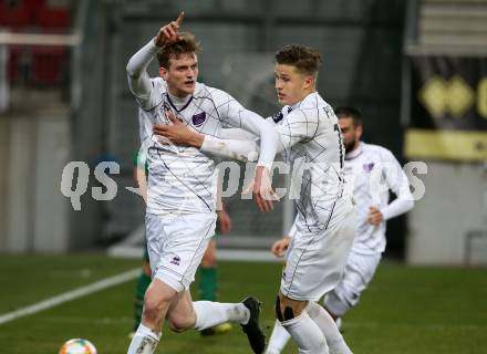 Fussball. 2. Liga. âSK Austria Klagenfurt gegen WSG Swarovski Wattens.  Torjubel Scott Fitzgerald Kennedy, Benedikt Pichler (Klagenfurt). Klagenfurt, 8.3.2019.
Foto: Kuess
---
pressefotos, pressefotografie, kuess, qs, qspictures, sport, bild, bilder, bilddatenbank