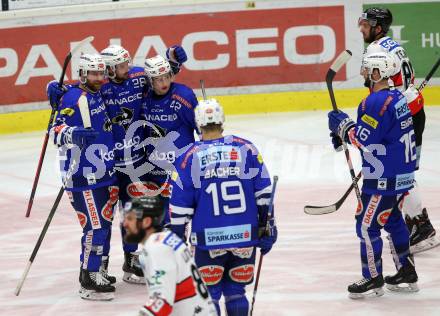 EBEL. Eishockey Bundesliga. EC VSV gegen HC Orli Znojmo.  Torjubel Eriksson Johann Lars Olof, Schlacher Markus, Lanzinger Benjamin (VSV). Villach, am 8.3.2019.
Foto: Kuess 


---
pressefotos, pressefotografie, kuess, qs, qspictures, sport, bild, bilder, bilddatenbank