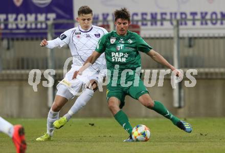 Fussball. 2. Liga. âSK Austria Klagenfurt gegen WSG Swarovski Wattens.  Benedikt Pichler,  (Klagenfurt), Clemens Walch (Wattens). Klagenfurt, 8.3.2019.
Foto: Kuess
---
pressefotos, pressefotografie, kuess, qs, qspictures, sport, bild, bilder, bilddatenbank