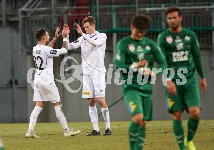 Fussball. 2. Liga. âSK Austria Klagenfurt gegen WSG Swarovski Wattens.  Jubel Philipp Huetter, Scott Fitzgerald Kennedy (Klagenfurt). Klagenfurt, 8.3.2019.
Foto: Kuess
---
pressefotos, pressefotografie, kuess, qs, qspictures, sport, bild, bilder, bilddatenbank