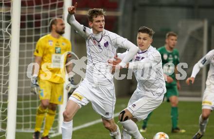Fussball. 2. Liga. âSK Austria Klagenfurt gegen WSG Swarovski Wattens.  Torjubel Scott Fitzgerald Kennedy, Benedikt Pichler (Klagenfurt). Klagenfurt, 8.3.2019.
Foto: Kuess
---
pressefotos, pressefotografie, kuess, qs, qspictures, sport, bild, bilder, bilddatenbank