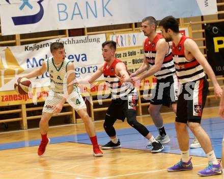 Basketball 2. Bundesliga. Grunddurchgang 22. Runde. KOS Celovec gegen   	Panaceo Raiders Villach. Jan Razdevsek (KOS), Jan Grsic, Ales Primc, Antonio Boban (Villach). Klagenfurt, am 9.3.2019.
Foto: Kuess
---
pressefotos, pressefotografie, kuess, qs, qspictures, sport, bild, bilder, bilddatenbank