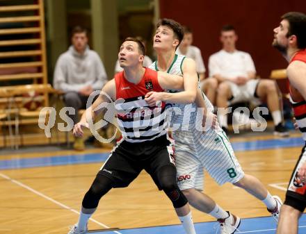 Basketball 2. Bundesliga. Grunddurchgang 22. Runde. KOS Celovec gegen   	Panaceo Raiders Villach. Julian Lipus (KOS), Aleksandar Petrovic (Villach). Klagenfurt, am 9.3.2019.
Foto: Kuess
---
pressefotos, pressefotografie, kuess, qs, qspictures, sport, bild, bilder, bilddatenbank