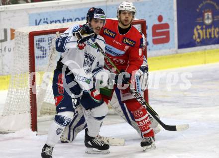 EBEL. Eishockey Bundesliga. KAC gegen	Fehervar AV 19. Daniel Obersteiner,  (KAC), Bence Stipsicz (Fehervar AV 19). Klagenfurt, am 10.3.2019.
Foto: Kuess

---
pressefotos, pressefotografie, kuess, qs, qspictures, sport, bild, bilder, bilddatenbank