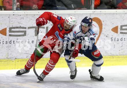 EBEL. Eishockey Bundesliga. KAC gegen	Fehervar AV 19. Andrew Jacob Kozek,  (KAC), Aron Sandor Reisz (Fehervar AV 19). Klagenfurt, am 10.3.2019.
Foto: Kuess

---
pressefotos, pressefotografie, kuess, qs, qspictures, sport, bild, bilder, bilddatenbank