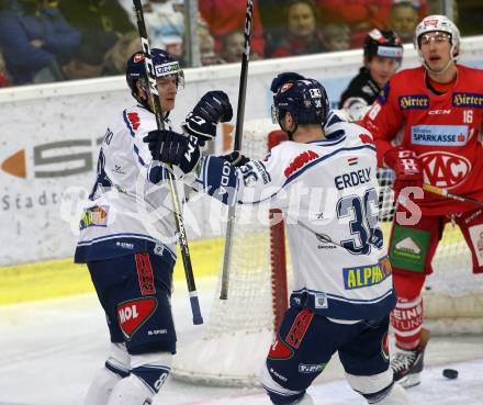 EBEL. Eishockey Bundesliga. KAC gegen	Fehervar AV 19.  Torjubel Tamas Robert Sarpatki, Csanad Erdely (Fehervar AV 19). Klagenfurt, am 10.3.2019.
Foto: Kuess

---
pressefotos, pressefotografie, kuess, qs, qspictures, sport, bild, bilder, bilddatenbank