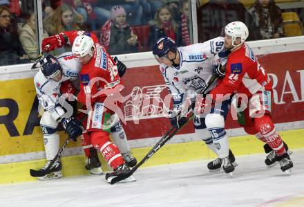 EBEL. Eishockey Bundesliga. KAC gegen	Fehervar AV 19. Stefan Geier, Steven Strong (KAC), Daniel Szabo, Donat Szita (Fehervar AV 19). Klagenfurt, am 10.3.2019.
Foto: Kuess

---
pressefotos, pressefotografie, kuess, qs, qspictures, sport, bild, bilder, bilddatenbank