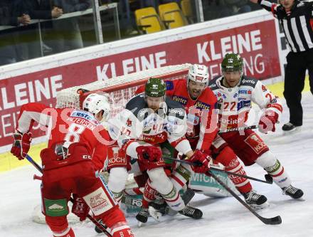 EBEL. Eishockey Bundesliga. KAC gegen	HCB Suedtirol Alperia. Petersen Nicholas Eric, Kozek Andrew Jacob (KAC), Nordlund Markus, Kuparinen Matti (Bozen). Klagenfurt, am 13.3.2019.
Foto: Kuess

---
pressefotos, pressefotografie, kuess, qs, qspictures, sport, bild, bilder, bilddatenbank