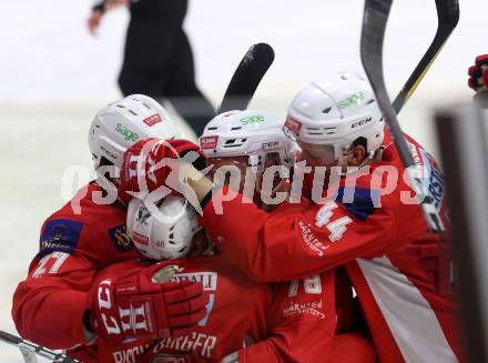 EBEL. Eishockey Bundesliga. KAC gegen	HCB Suedtirol Alperia. Torjubel Johannes Bischofberger, Wahl Mitch, Thomas Hundertpfund, Comrie Adam (KAC). Klagenfurt, am 13.3.2019.
Foto: Kuess

---
pressefotos, pressefotografie, kuess, qs, qspictures, sport, bild, bilder, bilddatenbank