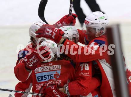 EBEL. Eishockey Bundesliga. KAC gegen	HCB Suedtirol Alperia. Torjubel Johannes Bischofberger, Wahl Mitch, Thomas Hundertpfund, Comrie Adam (KAC). Klagenfurt, am 13.3.2019.
Foto: Kuess

---
pressefotos, pressefotografie, kuess, qs, qspictures, sport, bild, bilder, bilddatenbank