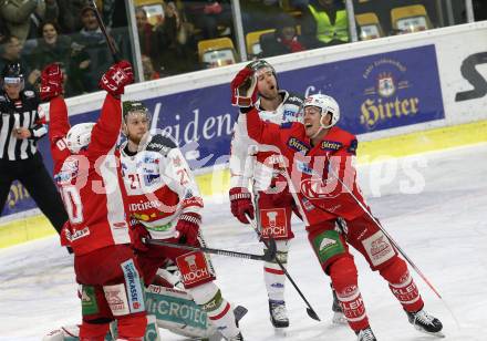 EBEL. Eishockey Bundesliga. KAC gegen	HCB Suedtirol Alperia.  Torjubel Petersen Nicholas Eric, Kozek Andrew Jacob, (KAC). Klagenfurt, am 13.3.2019.
Foto: Kuess

---
pressefotos, pressefotografie, kuess, qs, qspictures, sport, bild, bilder, bilddatenbank