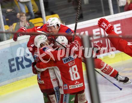 EBEL. Eishockey Bundesliga. KAC gegen	HCB Suedtirol Alperia. Torjubel Koch Thomas, Kozek Andrew Jacob, Petersen Nicholas Eric (KAC). Klagenfurt, am 13.3.2019.
Foto: Kuess

---
pressefotos, pressefotografie, kuess, qs, qspictures, sport, bild, bilder, bilddatenbank