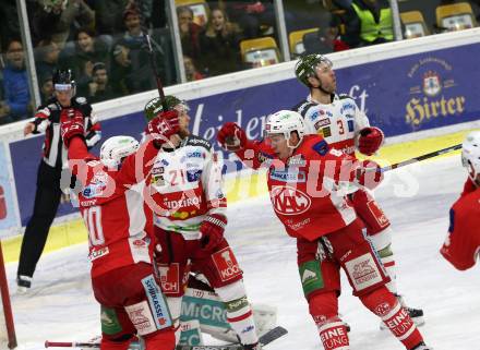 EBEL. Eishockey Bundesliga. KAC gegen	HCB Suedtirol Alperia.  Torjubel Petersen Nicholas Eric, Kozek Andrew Jacob, (KAC). Klagenfurt, am 13.3.2019.
Foto: Kuess

---
pressefotos, pressefotografie, kuess, qs, qspictures, sport, bild, bilder, bilddatenbank