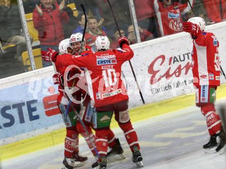 EBEL. Eishockey Bundesliga. KAC gegen	HCB Suedtirol Alperia. Torjubel 	Kozek Andrew Jacob, Petersen Nicholas Eric, Koch Thomas, Neal Matthew (KAC). Klagenfurt, am 13.3.2019.
Foto: Kuess

---
pressefotos, pressefotografie, kuess, qs, qspictures, sport, bild, bilder, bilddatenbank