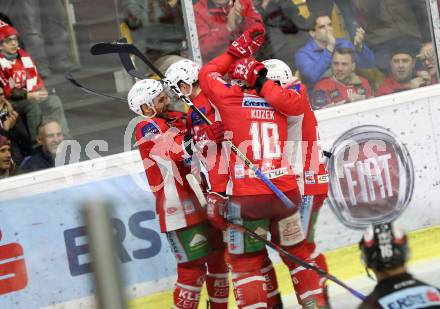 EBEL. Eishockey Bundesliga. KAC gegen	HCB Suedtirol Alperia. Torjubel 	Kozek Andrew Jacob, Petersen Nicholas Eric, Koch Thomas, Neal Matthew (KAC). Klagenfurt, am 13.3.2019.
Foto: Kuess

---
pressefotos, pressefotografie, kuess, qs, qspictures, sport, bild, bilder, bilddatenbank