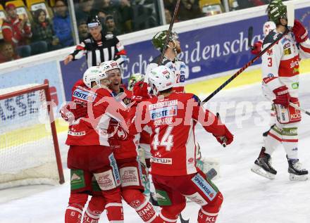 EBEL. Eishockey Bundesliga. KAC gegen	HCB Suedtirol Alperia.  Torjubel Petersen Nicholas Eric, Kozek Andrew Jacob, Comrie Adam (KAC). Klagenfurt, am 13.3.2019.
Foto: Kuess

---
pressefotos, pressefotografie, kuess, qs, qspictures, sport, bild, bilder, bilddatenbank