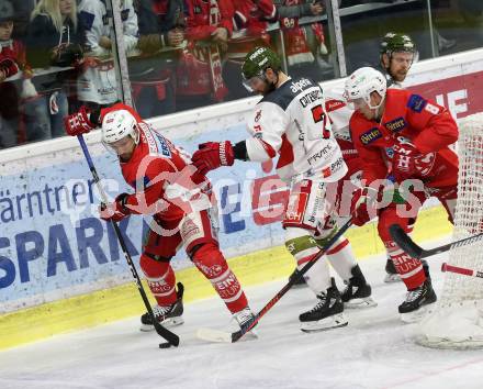 EBEL. Eishockey Bundesliga. KAC gegen	HCB Suedtirol Alperia. Koch Thomas, Petersen Nicholas Eric (KAC),  Catenacci Daniel (Bozen). Klagenfurt, am 13.3.2019.
Foto: Kuess

---
pressefotos, pressefotografie, kuess, qs, qspictures, sport, bild, bilder, bilddatenbank