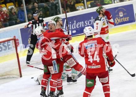 EBEL. Eishockey Bundesliga. KAC gegen	HCB Suedtirol Alperia.  Torjubel Petersen Nicholas Eric, Kozek Andrew Jacob, Comrie Adam (KAC). Klagenfurt, am 13.3.2019.
Foto: Kuess

---
pressefotos, pressefotografie, kuess, qs, qspictures, sport, bild, bilder, bilddatenbank