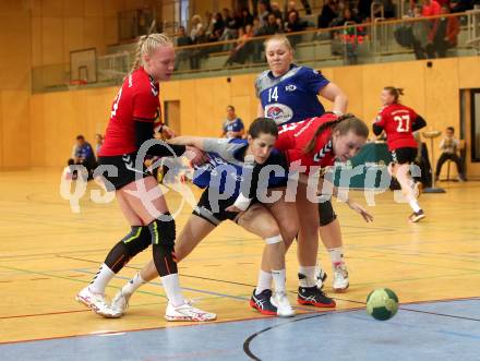 Handball Damen. SC kelag Ferlach/Feldkirchen gegen Union APG Korneuburg Handball Damen. OGRIS Lisa Marie, Cernivec Adrijana (Ferlach),  REICHERT Johanna, BURGER Katja (Korneuburg). Ferlach, 2.3.2019.
Foto: Kuess
---
pressefotos, pressefotografie, kuess, qs, qspictures, sport, bild, bilder, bilddatenbank