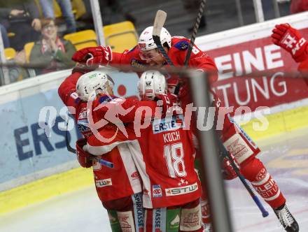 EBEL. Eishockey Bundesliga. KAC gegen	HCB Suedtirol Alperia. Torjubel Koch Thomas, Kozek Andrew Jacob, Petersen Nicholas Eric (KAC). Klagenfurt, am 13.3.2019.
Foto: Kuess

---
pressefotos, pressefotografie, kuess, qs, qspictures, sport, bild, bilder, bilddatenbank