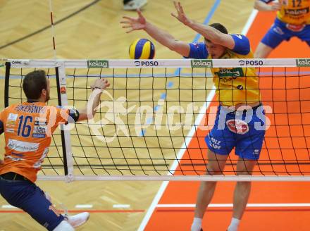 Volleyball. MEVZA-Cup-Final4. SK Posojilnica Aich/Dob gegen ACH Volley Ljubljana. MATEJ MIHAJLOVIC,  (Aich/Dob), Jan Pokersnik (Ljubljana). Bleiburg, 16.3.2019.
Foto: Kuess
---
pressefotos, pressefotografie, kuess, qs, qspictures, sport, bild, bilder, bilddatenbank