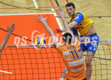 Volleyball. MEVZA-Cup-Final4. SK Posojilnica Aich/Dob gegen ACH Volley Ljubljana. Matej Mihajlovic,  (Aich/Dob),Petar Dirlic  (Ljubljana). Bleiburg, 16.3.2019.
Foto: Kuess
---
pressefotos, pressefotografie, kuess, qs, qspictures, sport, bild, bilder, bilddatenbank