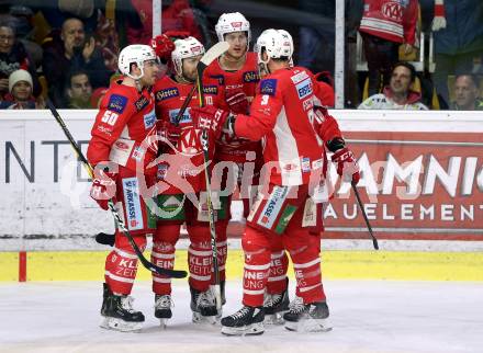 EBEL. Eishockey Bundesliga. KAC gegen	HCB Suedtirol Alperia. Torjubel Andrew Jacob Kozek, Adam Comrie, Thomas Koch, Matthew Neal, David Joseph Fischer (KAC). Klagenfurt, am 17.3.2019.
Foto: Kuess

---
pressefotos, pressefotografie, kuess, qs, qspictures, sport, bild, bilder, bilddatenbank