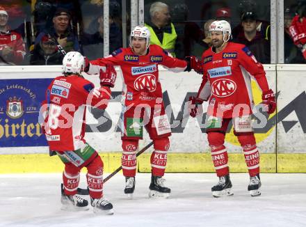 EBEL. Eishockey Bundesliga. KAC gegen	HCB Suedtirol Alperia. Torjubel Thomas Koch, Matthew Neal, Andrew Jacob Kozek (KAC). Klagenfurt, am 17.3.2019.
Foto: Kuess

---
pressefotos, pressefotografie, kuess, qs, qspictures, sport, bild, bilder, bilddatenbank