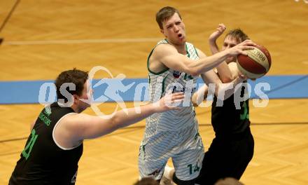 Basketball 2. Bundesliga. Play Down 1. Runde. KOS Celovec gegen   	Deutsch Wagram Alligators. Lovro Fizuleto (KOS),  Lukas Geyhofer, Andreas Werle (Deutsch Wagram). Klagenfurt, am 16.3.2019.
Foto: Kuess
---
pressefotos, pressefotografie, kuess, qs, qspictures, sport, bild, bilder, bilddatenbank