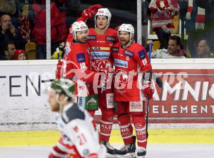 EBEL. Eishockey Bundesliga. KAC gegen	HCB Suedtirol Alperia. Torjubel Andrew Jacob Kozek, Adam Comrie, Thomas Koch (KAC). Klagenfurt, am 17.3.2019.
Foto: Kuess

---
pressefotos, pressefotografie, kuess, qs, qspictures, sport, bild, bilder, bilddatenbank