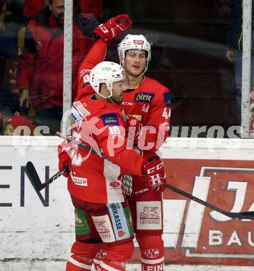 EBEL. Eishockey Bundesliga. KAC gegen	HCB Suedtirol Alperia. Torjubel Andrew Jacob Kozek, Adam Comrie (KAC). Klagenfurt, am 17.3.2019.
Foto: Kuess

---
pressefotos, pressefotografie, kuess, qs, qspictures, sport, bild, bilder, bilddatenbank