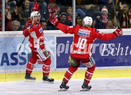 EBEL. Eishockey Bundesliga. KAC gegen	HCB Suedtirol Alperia. Torjubel Matthew Neal, Andrew Jacob Kozek (KAC). Klagenfurt, am 17.3.2019.
Foto: Kuess

---
pressefotos, pressefotografie, kuess, qs, qspictures, sport, bild, bilder, bilddatenbank