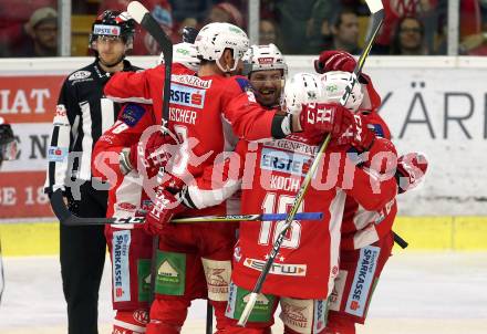 EBEL. Eishockey Bundesliga. KAC gegen	HCB Suedtirol Alperia. Torjubel Andrew Jacob Kozek, Mitch Wahl, David Joseph Fischer, Thomas Koch (KAC). Klagenfurt, am 17.3.2019.
Foto: Kuess

---
pressefotos, pressefotografie, kuess, qs, qspictures, sport, bild, bilder, bilddatenbank